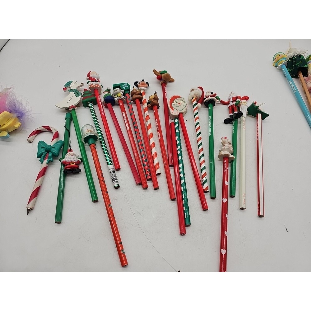 Vintage Novelty Pencils w/ Toppers LOT 80s 90s Lot Of 22 Christmas Theme School